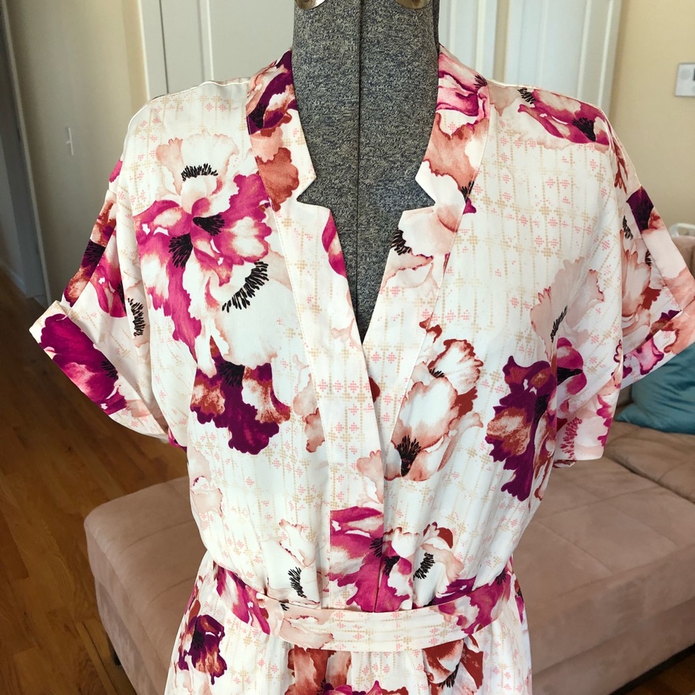 Pink Floral Print Faux Wrap Dress with Belt & Pockets, Small - Picture 2 of 6